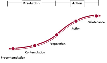 The Transtheoretical Model of Behavior Change has five stages, divided into Pre-Action and Action elements.