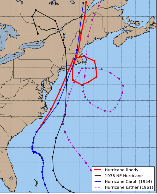 The hypothetical Hurricane Rhody, shown in red.