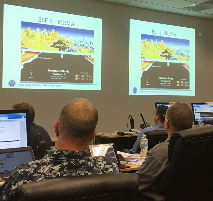 Participants in the training view simulations of hypothetical storm impacts on Rhode Island. Photo submitted by the University of Rhode Island.