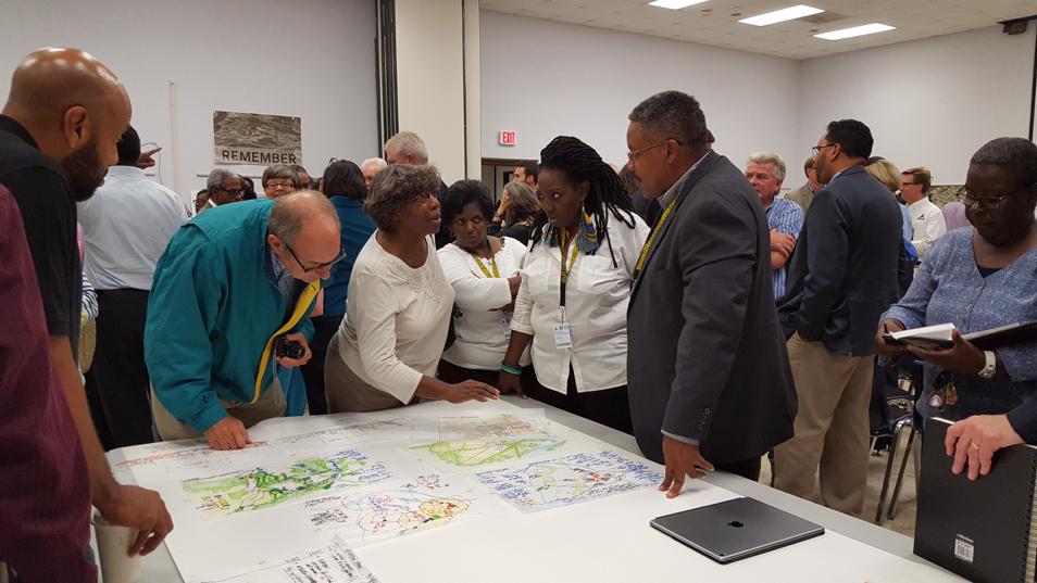 Kofi Boone, Associate Professor and University Faculty Scholar in the Department of Landscape Architecture at NC State University, listens to residents and town officials in Princeville reflect on design options that highlight the town’s historical significance and importance of community. Photo by Josh Kastrinsky.