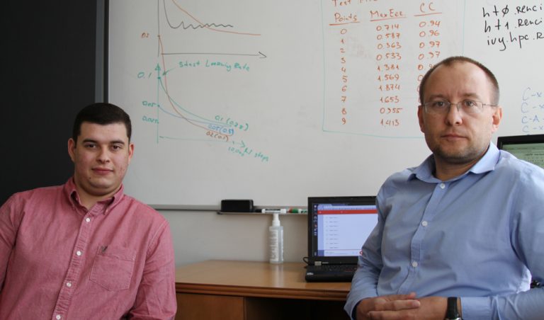 Dr. Anton Bezuglov, right, visiting faculty from Benedict College, worked with student Reinaldo Santiago, left, and CRC PI Dr. Brian Blanton on a project to speed up the ADCIRC storm-surge model while at UNC-Chapel Hill this summer.