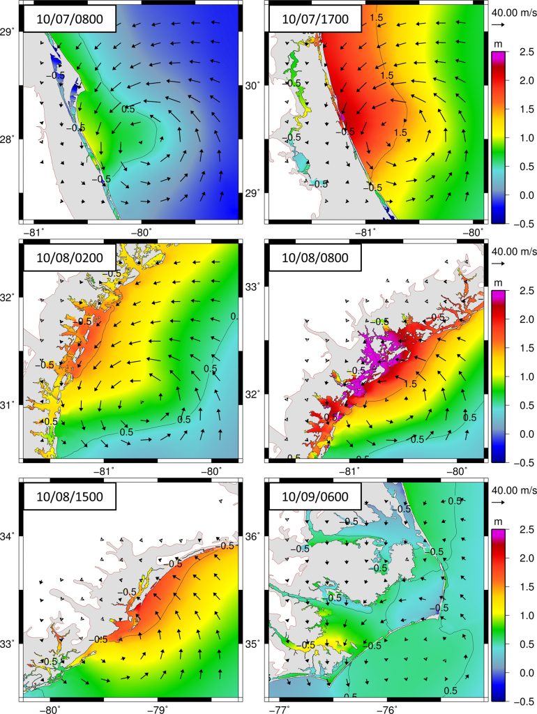 Contours of water levels (meters relative to NAVD88) and vectors of wind speeds (meters per second) during Hurricane Matthew along the U.S. southeast coast.