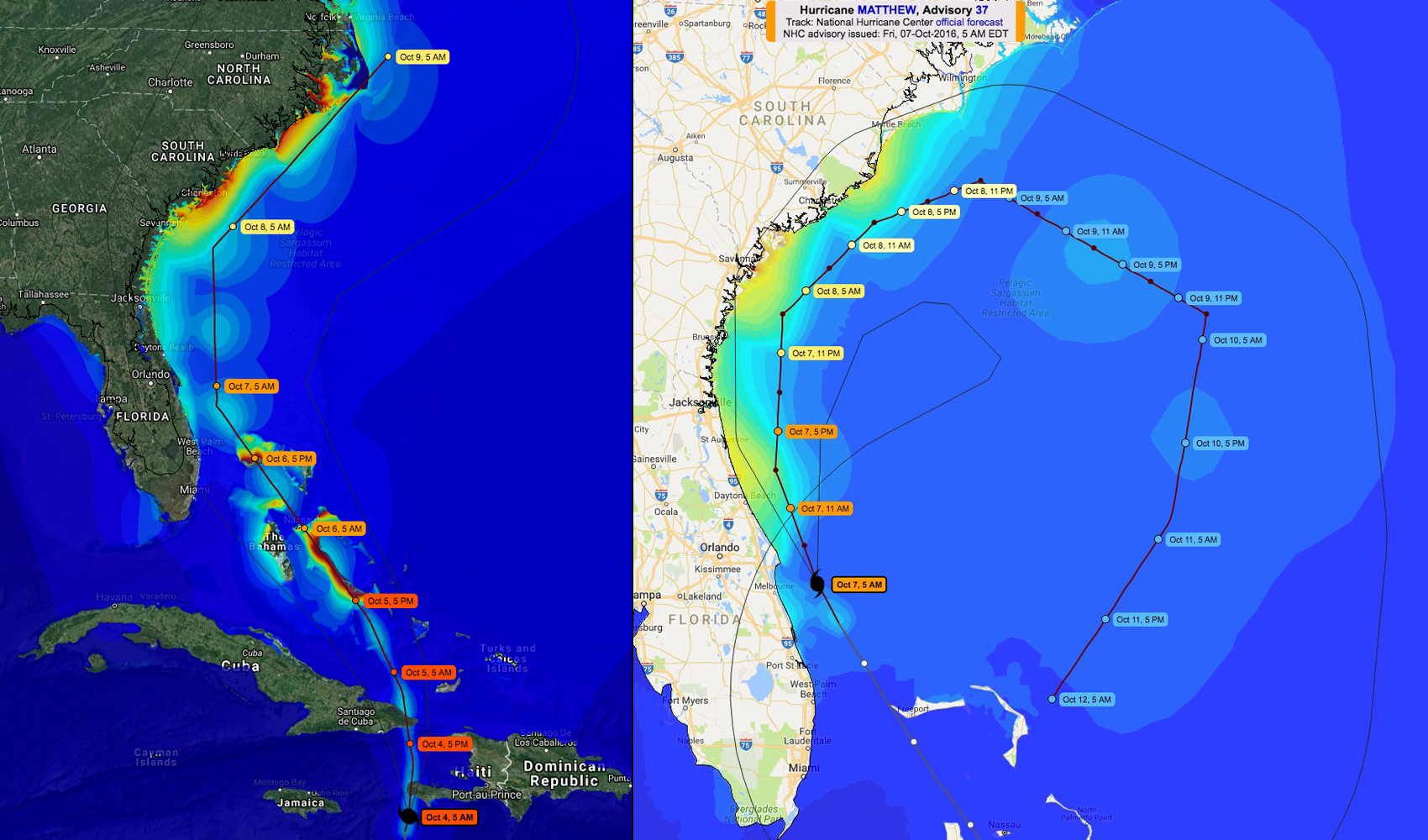 ADCIRC projections for storm surge locations and impact from Hurricane Matthew, as seen on these images from the CERA website, changed dramatically between Oct. 4 (left) and Oct. 7 (right).