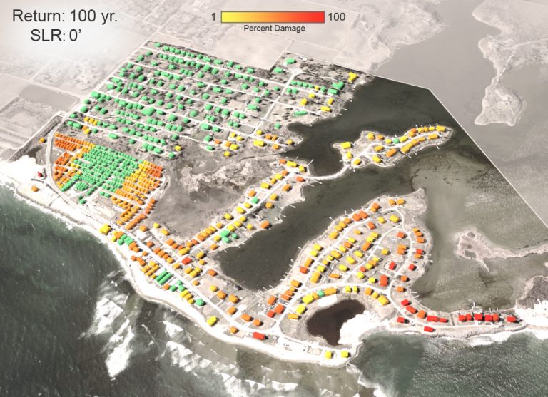 A visualization tool shows the threats to individual properties in a residential area in Rhode Island caused by potential sea-level rise Illustration by Dr. Peter Stempel and Dr. Austin Becker.