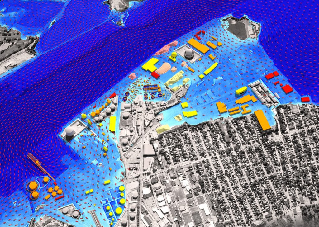 Policy simulations include visualization of commercial port properties impacted by potential sea-level rise. Illustration by Dr. Peter Stempel and Dr. Austin Becker.