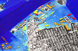 Policy simulations include visualization of commercial port properties impacted by potential sea-level rise. Illustration by Dr. Peter Stempel and Dr. Austin Becker.