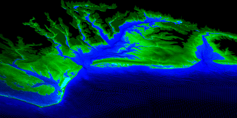 A mesh of the North Carolina and Virginia region is produced by ADCIRC.