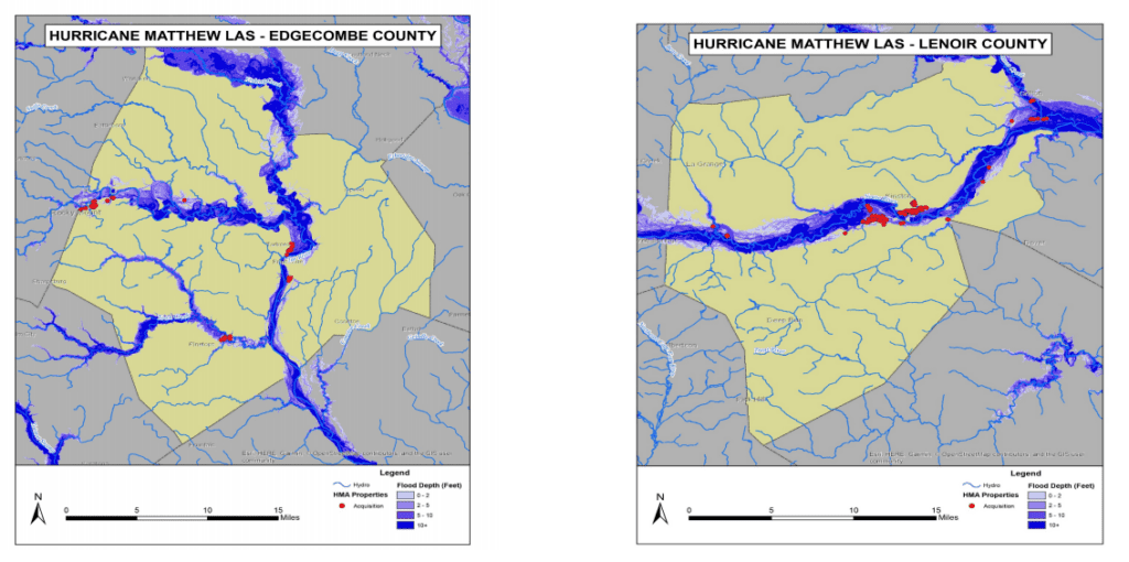 Properties in the floodplain acquired via federal buyouts are shown in red for Edgecombe and Lenoir counties in eastern North Carolina. Image via AECOM.