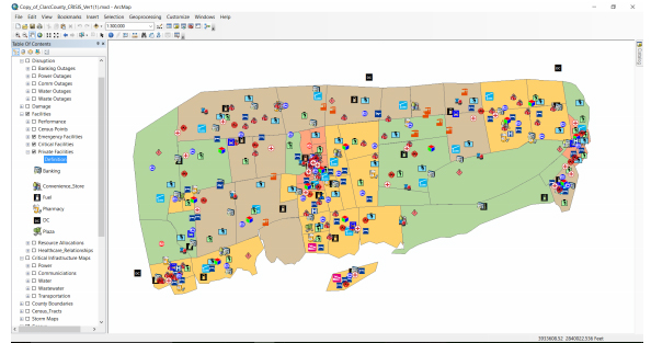 An earlier version of COMSURE mapped critical infrastructure locations in CLARC, an artificial community used to test models. Image from Dr. Al Wallace.