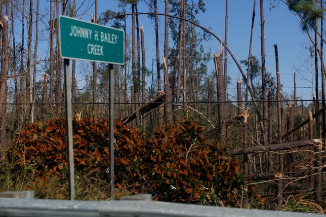 Damage is widespread in Bristol, Fla., and the surrounding Liberty County just (east of Calhoun County) in the aftermath of Hurricane Michael in October 2018. Photo by Tori Lynn Schneider/Tallahassee Democrat.