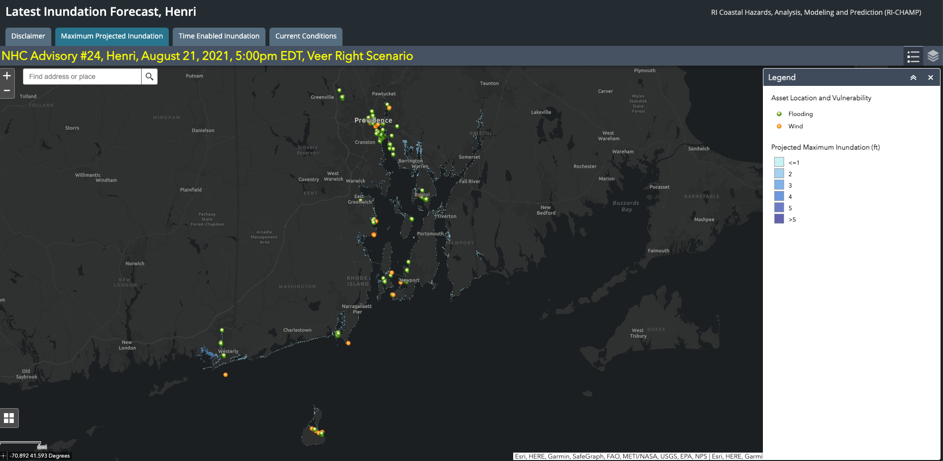 an example of the RICHAMP pilot test visualization during TS Henri showing the inundation forecast for the Southern New England coast